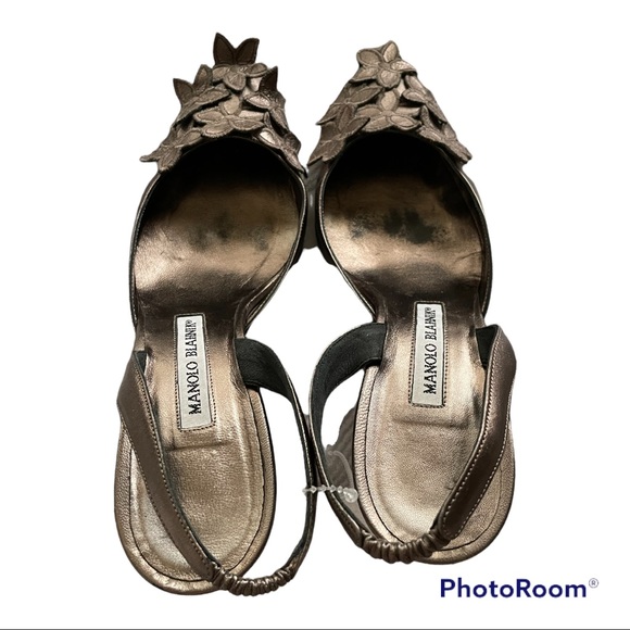 Manolo Blanik brown metallic pointed toe sling back high heels floral appliqués - Picture 2 of 9